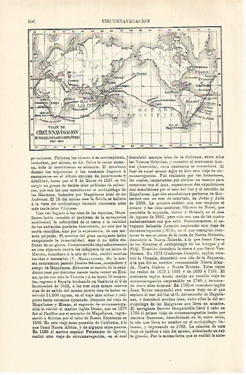 LAMINA ESPASA 29299: Mapa del Viaje de Circunnavegacion de Magallanes en 1519-1529