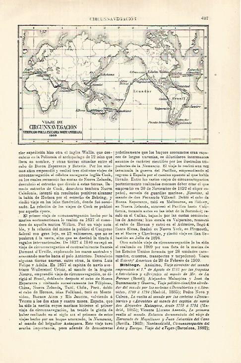 LAMINA ESPASA 29300: Mapa del Viaje de circunnavegacion de la Escuadra de Estados Unidos en 1909