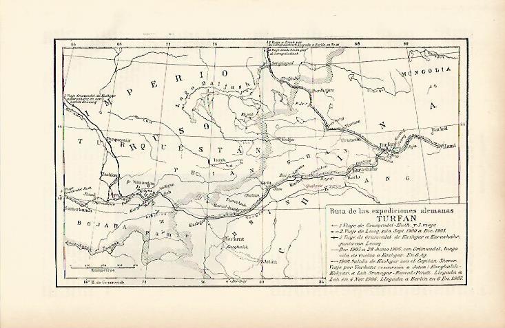 LAMINA ESPASA 11994: Mapa de la ruta de las expediciones alemanas en Turfan