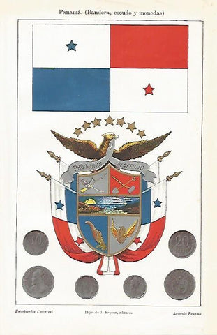 LAMINA ESPASA 1455: Bandera escudo y condecoraciones de Panama