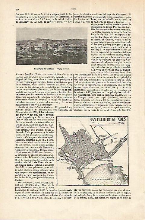 LAMINA ESPASA 18278: Plano y vista de Sant Feliu de Guixols Girona