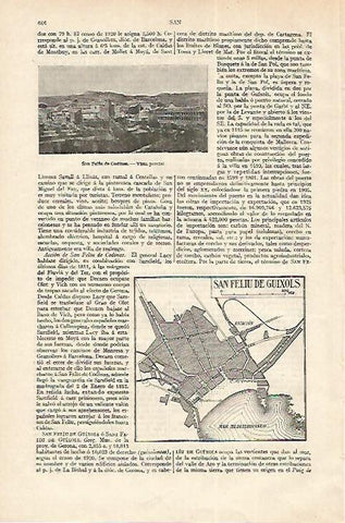 LAMINA ESPASA 18278: Plano y vista de Sant Feliu de Guixols Girona