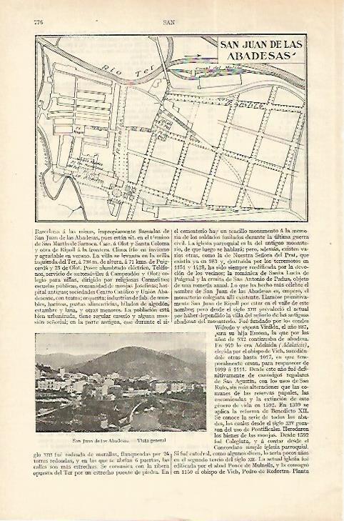 LAMINA ESPASA 18313: Plano y vista de Sant Joan de les Abadesses