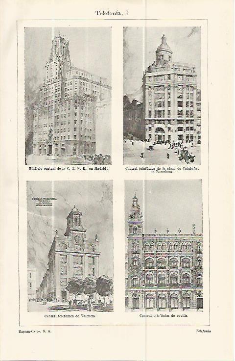 LAMINA ESPASA 13757: Edificios de Telefonica en Madrid Barcelona Valencia y Sevilla