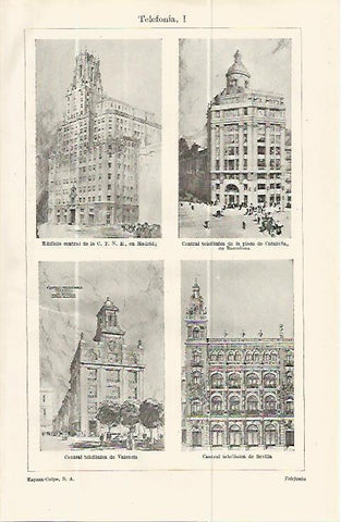 LAMINA ESPASA 13757: Edificios de Telefonica en Madrid Barcelona Valencia y Sevilla