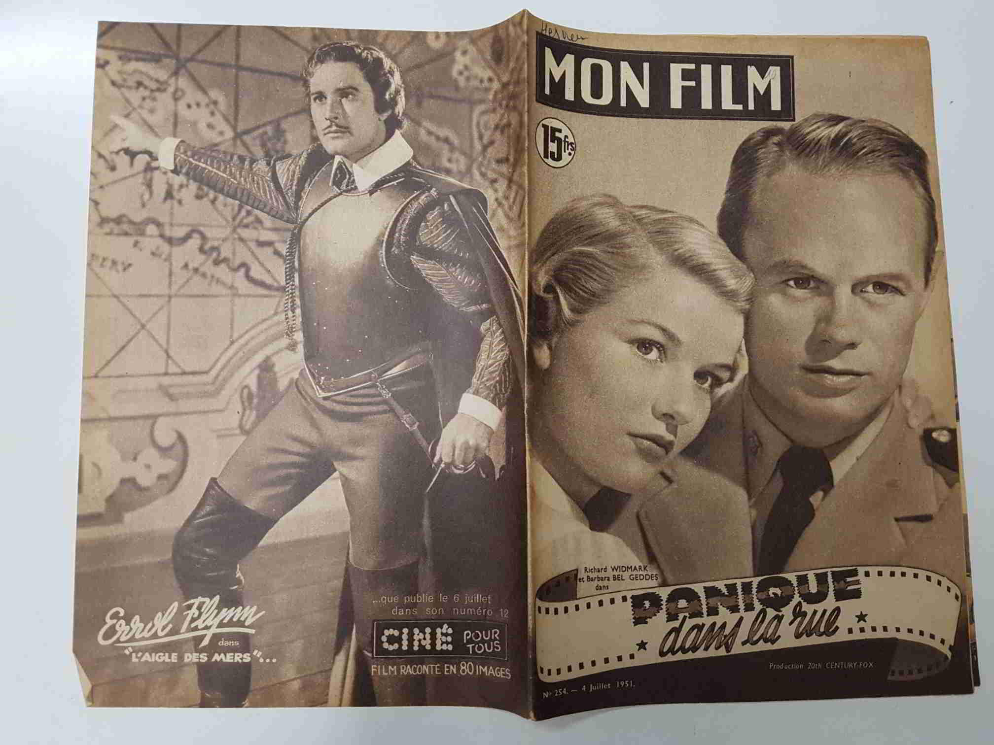 Revista: Mon Film num 254, juillet 1951 - Panique dans la rue. Portada: Richard Widmark et Barbara Bel Geddes