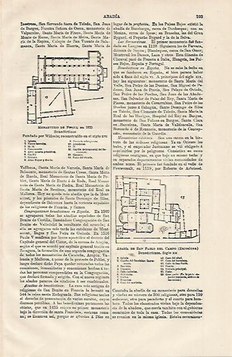 LAMINA ESPASA 13102: Monasterio de Ripoll en 1835 y Abadia de Sant Pau del Camp en Barcelona