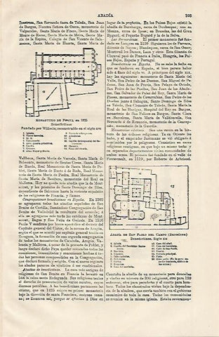 LAMINA ESPASA 13102: Monasterio de Ripoll en 1835 y Abadia de Sant Pau del Camp en Barcelona
