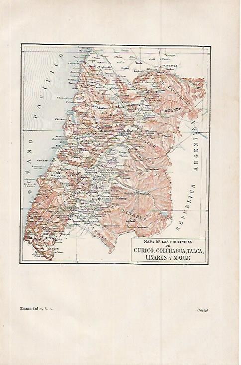 LAMINA ESPASA 29873: Mapa de Curico Colchagua Talca Linares y Maule en Chile