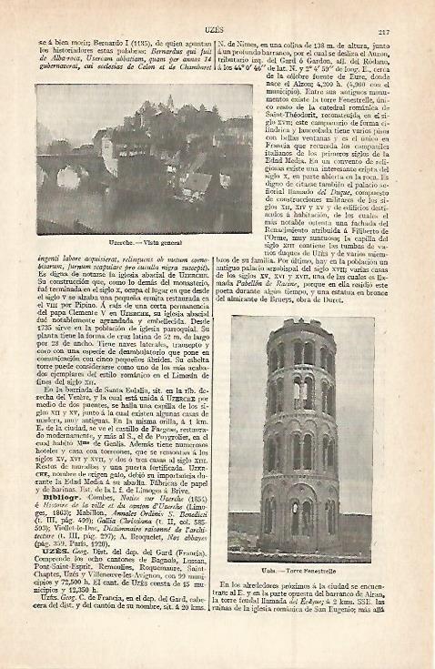 LAMINA ESPASA 29964: Vista de Uzerche y Torre Fenestrelle en Uzes