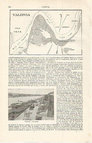 LAMINA ESPASA 30000: Plano y puerto de Valdivia Chile
