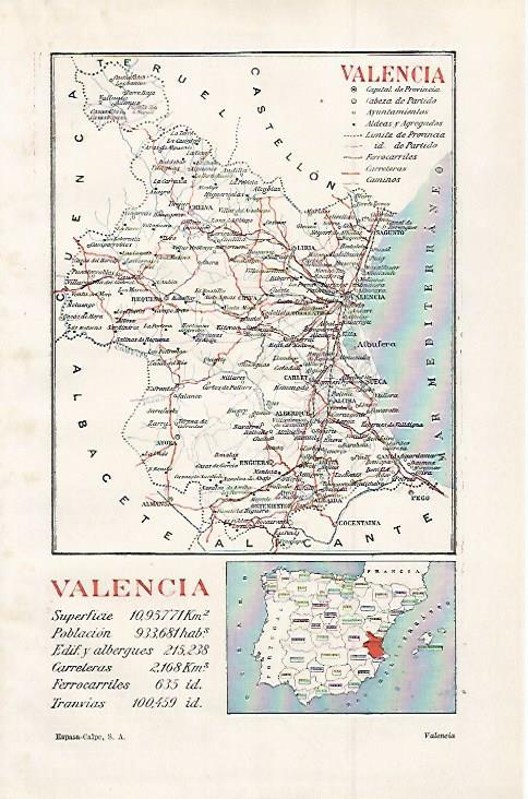 LAMINA ESPASA 30011: Mapa de la provincia de Valencia