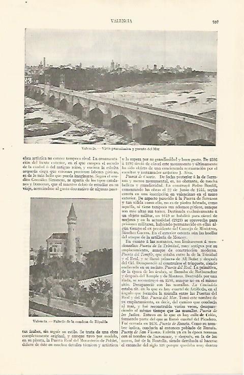 LAMINA ESPASA 30019: Puente del Mar y Palacio de la Condesa de Ripalda Valencia