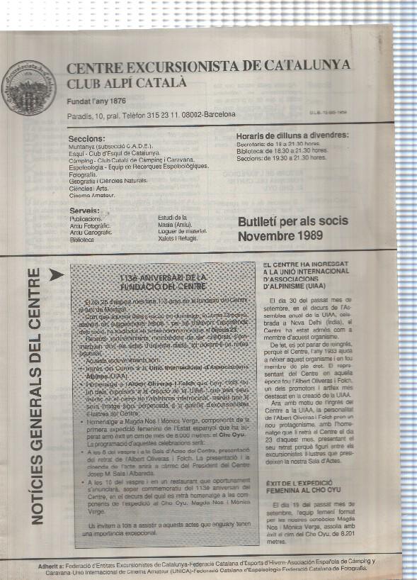 Butlleti: novembre 1989 - Centre Excursionista de Catalunya Club Alpi Catala