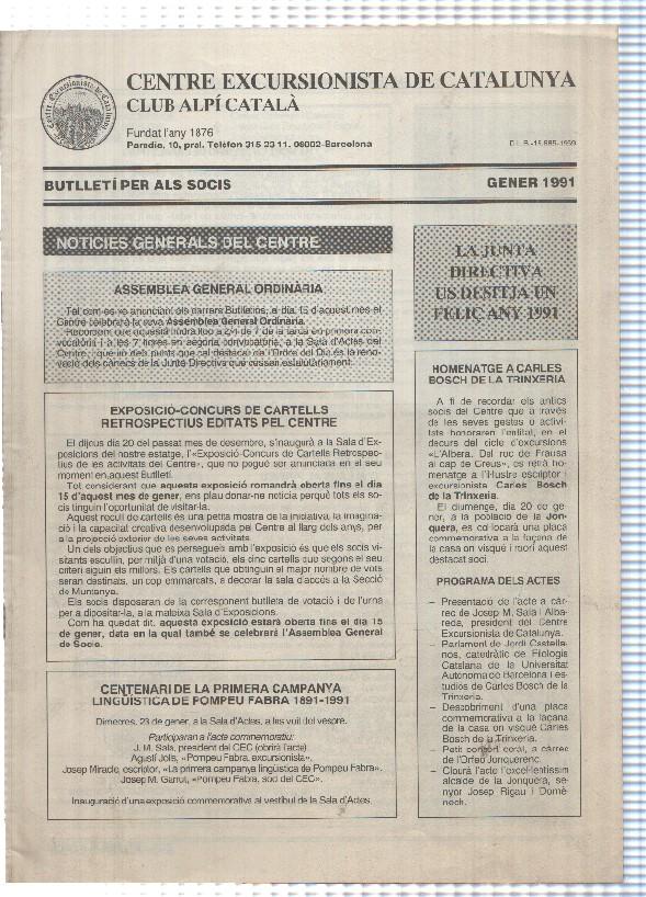 Butlleti: gener 1991 - Centre Excursionista de Catalunya Club Alpi Catala