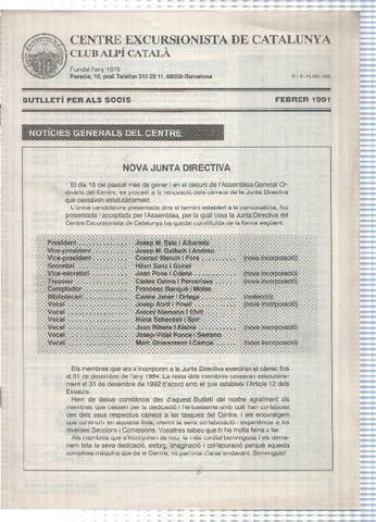 Butlleti: febrer 1991 - Centre Excursionista de Catalunya Club Alpi Catala