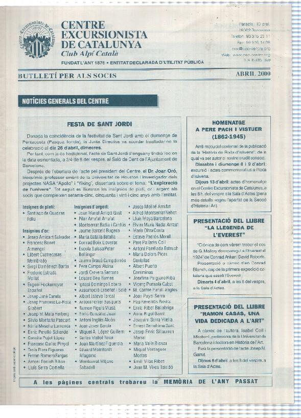 Butlleti: abril 2000 - Centre Excursionista de Catalunya Club Alpi Catala