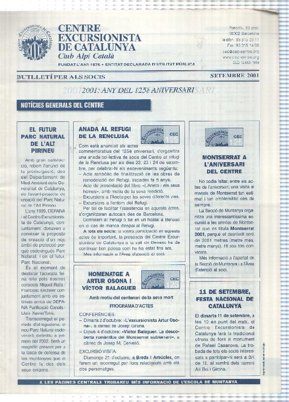 Butlleti: septembre 2001 - Centre Excursionista de Catalunya Club Alpi Catala. 