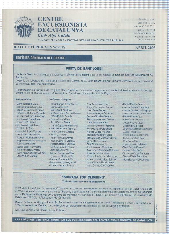 Butlleti: abril 2003 - Centre Excursionista de Catalunya Club Alpi Catala.  Listado guia pubilcaciones itinerarios