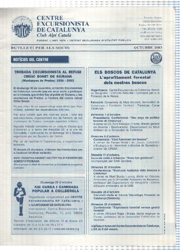 Butlleti: octubre 2003 - Centre Excursionista de Catalunya Club Alpi Catala