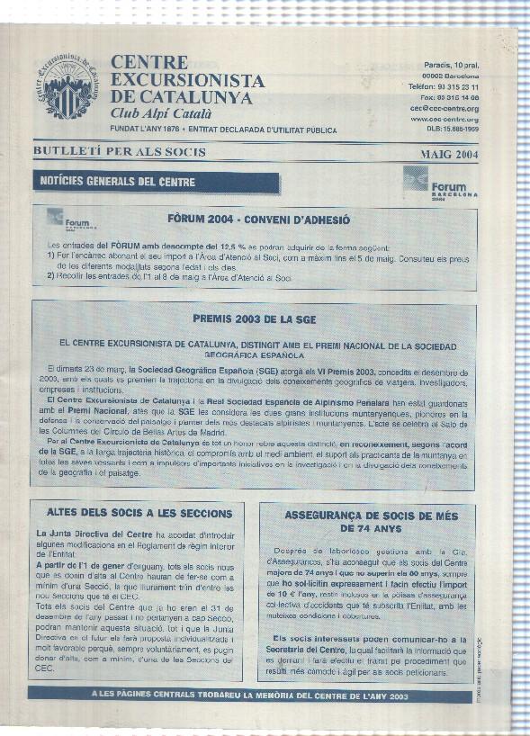 Butlleti: maig 2004 - Centre Excursionista de Catalunya Club Alpi Catala