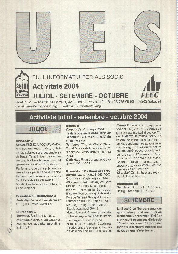 Full Informatiu: UES, Activitats 2004 - juliol, setembre, octubre (Unio Excursionista Sabadell)