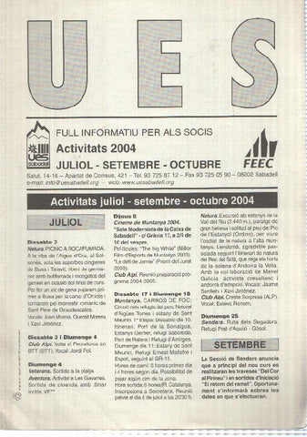 Full Informatiu: UES, Activitats 2004 - juliol, setembre, octubre (Unio Excursionista Sabadell)