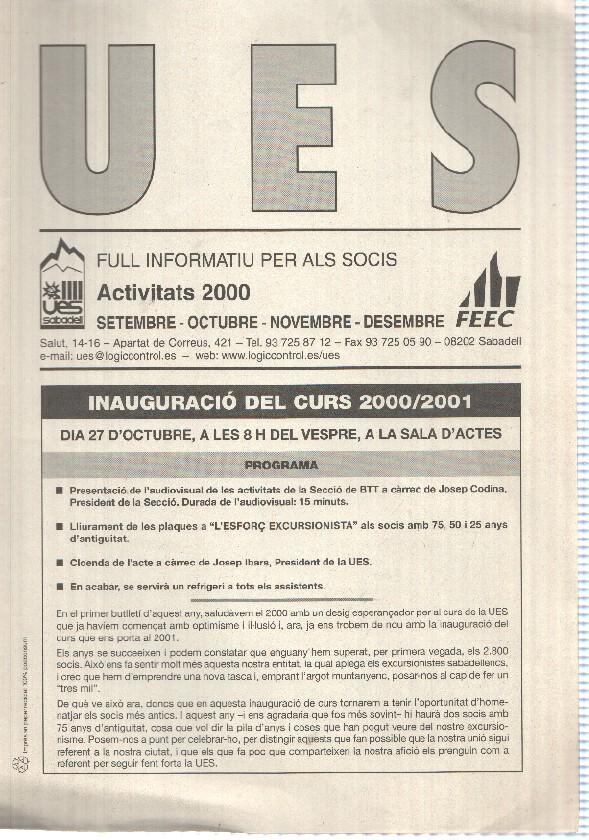 Full Informatiu: UES, Activitats 2000 - de setembre a Desembre (Unio Excursionista Sabadell) - Inauguracio del curs 2000-2001
