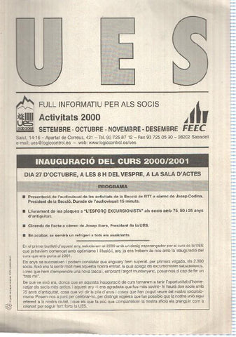 Full Informatiu: UES, Activitats 2000 - de setembre a Desembre (Unio Excursionista Sabadell) - Inauguracio del curs 2000-2001