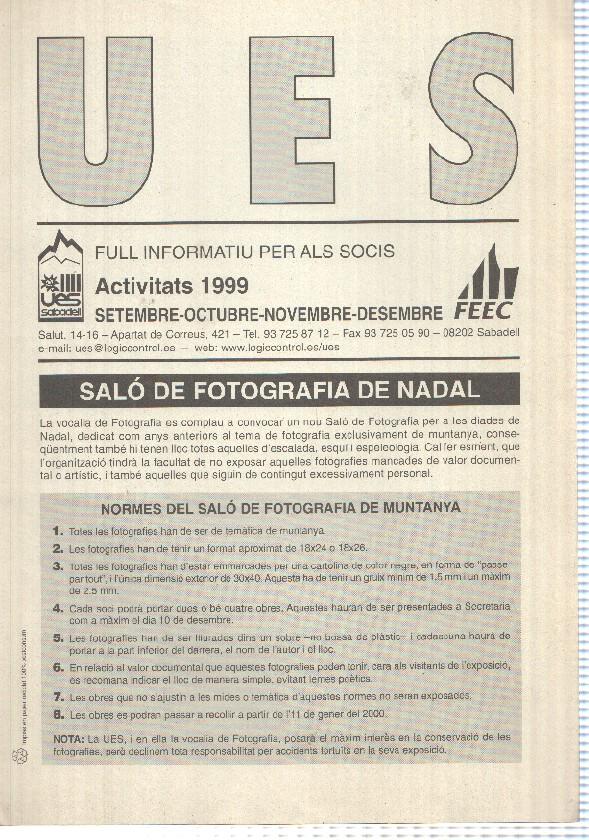 Full Informatiu: UES, Activitats 1999 - de setembre a Desembre (Unio Excursionista Sabadell) - Salo de fotografia de Nadal