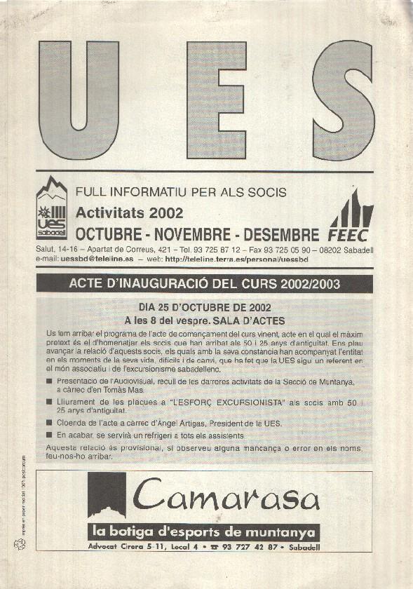 Full Informatiu: UES, Activitats 2002 - de Octubre a Desembre (Unio Excursionista Sabadell) - Acte dinauguracio del curs 2002-2003