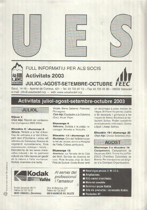 Full Informatiu: UES, Activitats 2003 - de Juliol a Octubre (Unio Excursionista Sabadell) - Incluye guia de excursiones