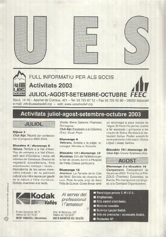 Full Informatiu: UES, Activitats 2003 - de Juliol a Octubre (Unio Excursionista Sabadell) - Incluye guia de excursiones