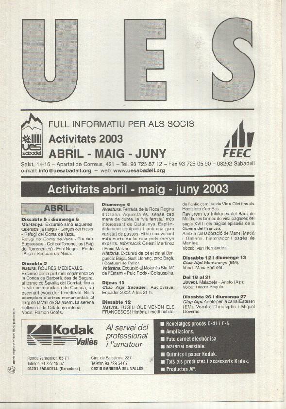 Full Informatiu: UES, Activitats 2003 - de abril a juny (Unio Excursionista Sabadell)
