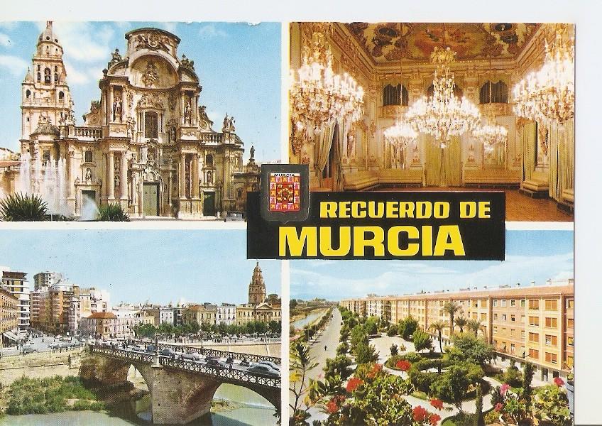 Postal 042814 : Murcia. Fachada Catedral-Casino. Sala del Baile. Puente viejo-Jardines de Vistabella