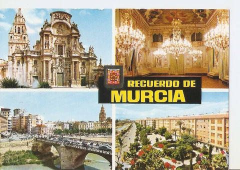 Postal 042814 : Murcia. Fachada Catedral-Casino. Sala del Baile. Puente viejo-Jardines de Vistabella