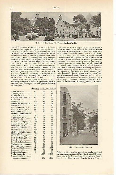 LAMINA ESPASA 1655: Edificios de Yecla Murcia