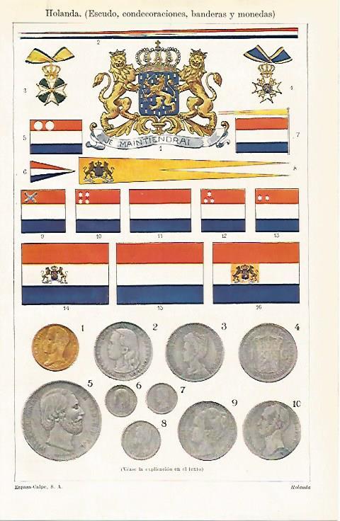 LAMINA ESPASA 30203: Escudo condecoraciones bnaderas y monedas de Holanda