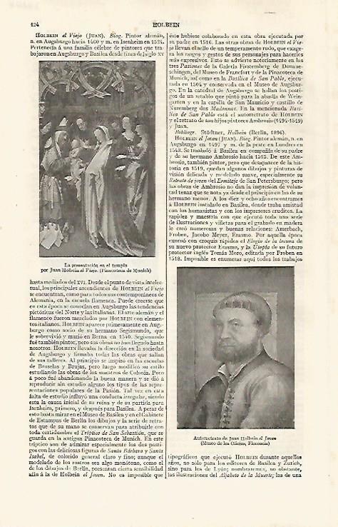 LAMINA ESPASA 30208: La presentacion en el templo por Holbein el Viejo y Autorretrato de Holbein el Joven