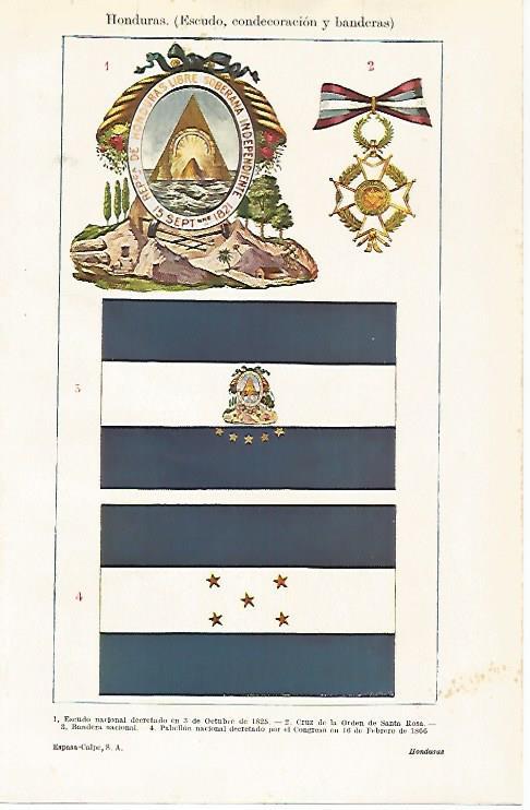 LAMINA ESPASA 30218: Escudo condecoraciones y banderas de Honduras