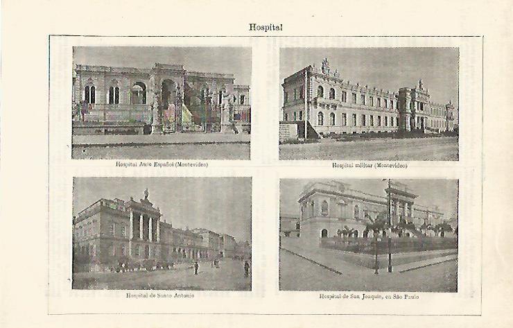 LAMINA ESPASA 30248: Hospital Asilo Español y Militar de Montevideo y Hospital de San Joaquin en Sao Paolo