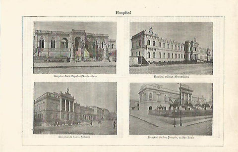 LAMINA ESPASA 30248: Hospital Asilo Español y Militar de Montevideo y Hospital de San Joaquin en Sao Paolo