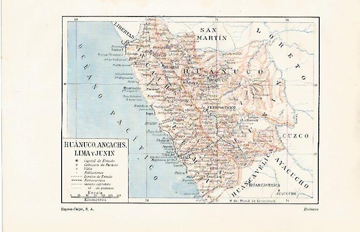LAMINA ESPASA 30257: Mapa de Huanuco Ancachas Lima y Junin en Peru