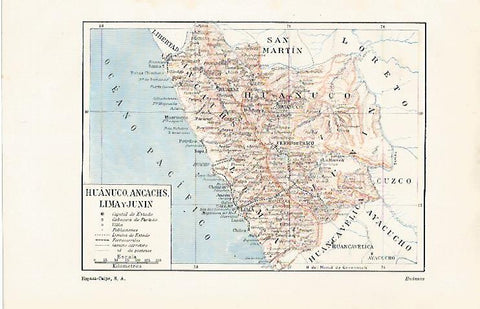 LAMINA ESPASA 30257: Mapa de Huanuco Ancachas Lima y Junin en Peru