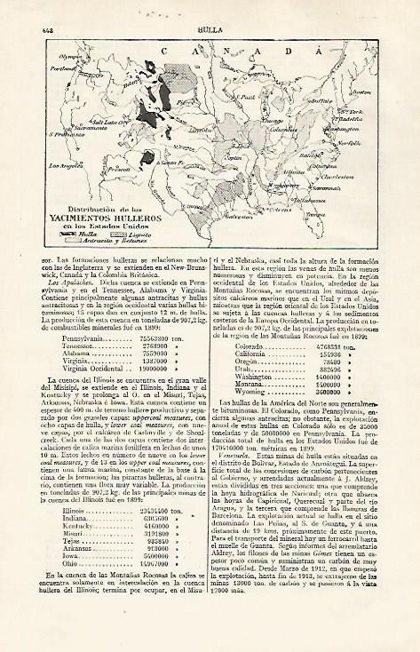 LAMINA ESPASA 30288: Mapa de los yacimientos de hulla en Estados Unidos