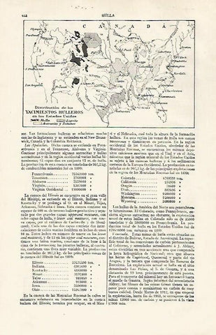 LAMINA ESPASA 30288: Mapa de los yacimientos de hulla en Estados Unidos