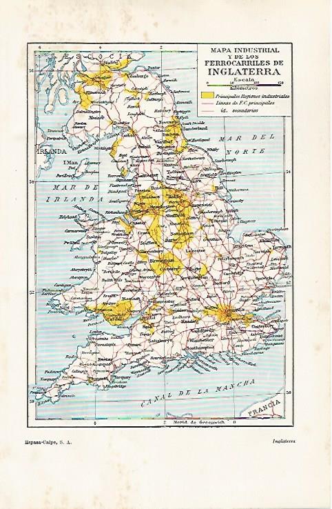 LAMINA ESPASA 30384: Mapa industrial y de ferrocarriles de Inglaterra