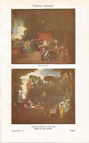 LAMINA ESPASA 30531: Baile campestre y Vista de los jardines de Saint Cloud por Watteau