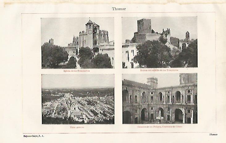 LAMINA ESPASA 30577: Castillo de los Templarios Iglesia y vista de Thomar Portugal