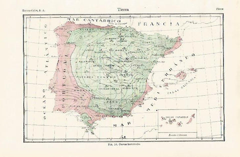 LAMINA ESPASA 30622: Mapa de España de curvas isanomalas